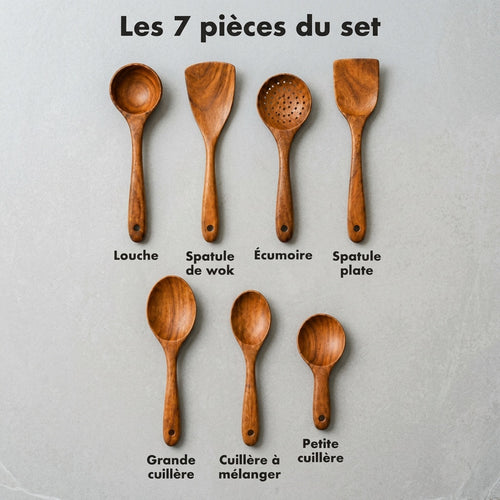 Les 7 pièces du set : louche, spatule de wok, écumoire, spatule plate, grande cuillère, cuillère à mélanger, petite cuillère