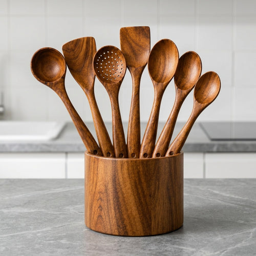 Set de 7 ustensiles Woodula en acacia massif dans leur pot de rangement