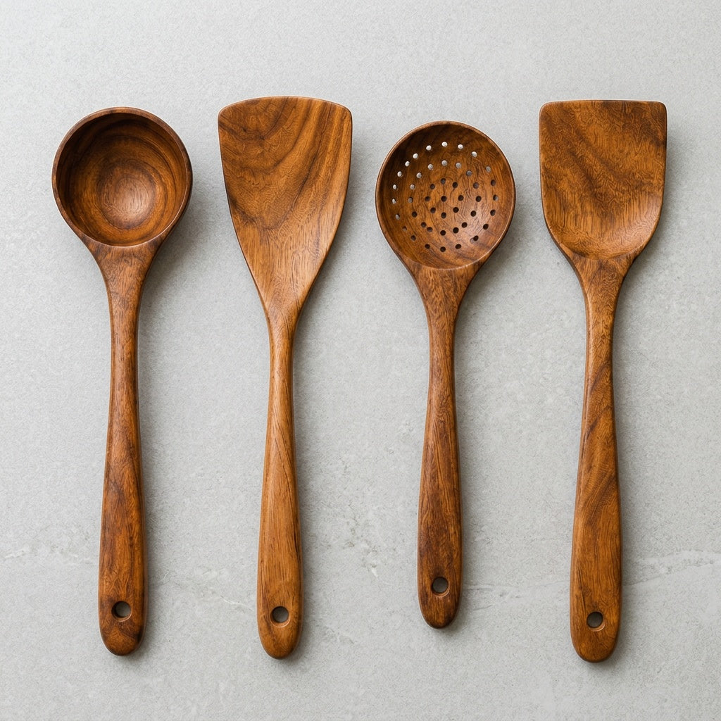 Set de 4 ustensiles en acacia : louche, spatule de wok, écumoire, spatule plate