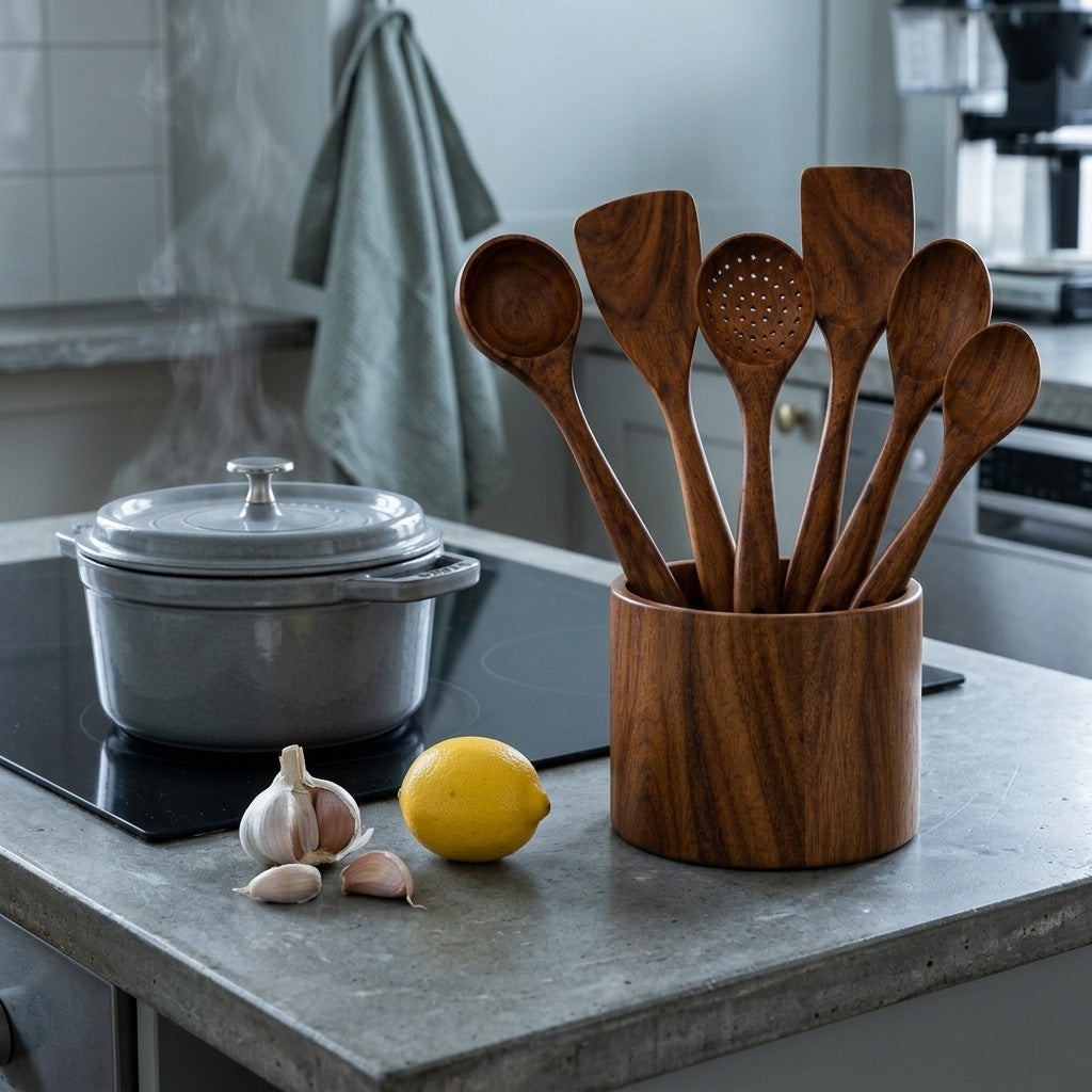 Le pot Woodula rempli d'ustensiles, à côté de la cuisinière
