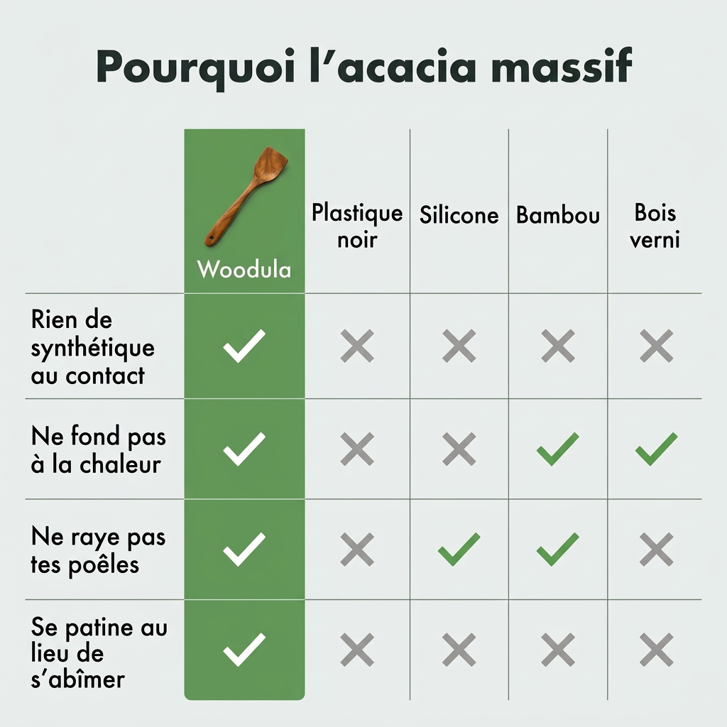 Comparatif : acacia massif, plastique noir, silicone, bambou et bois verni