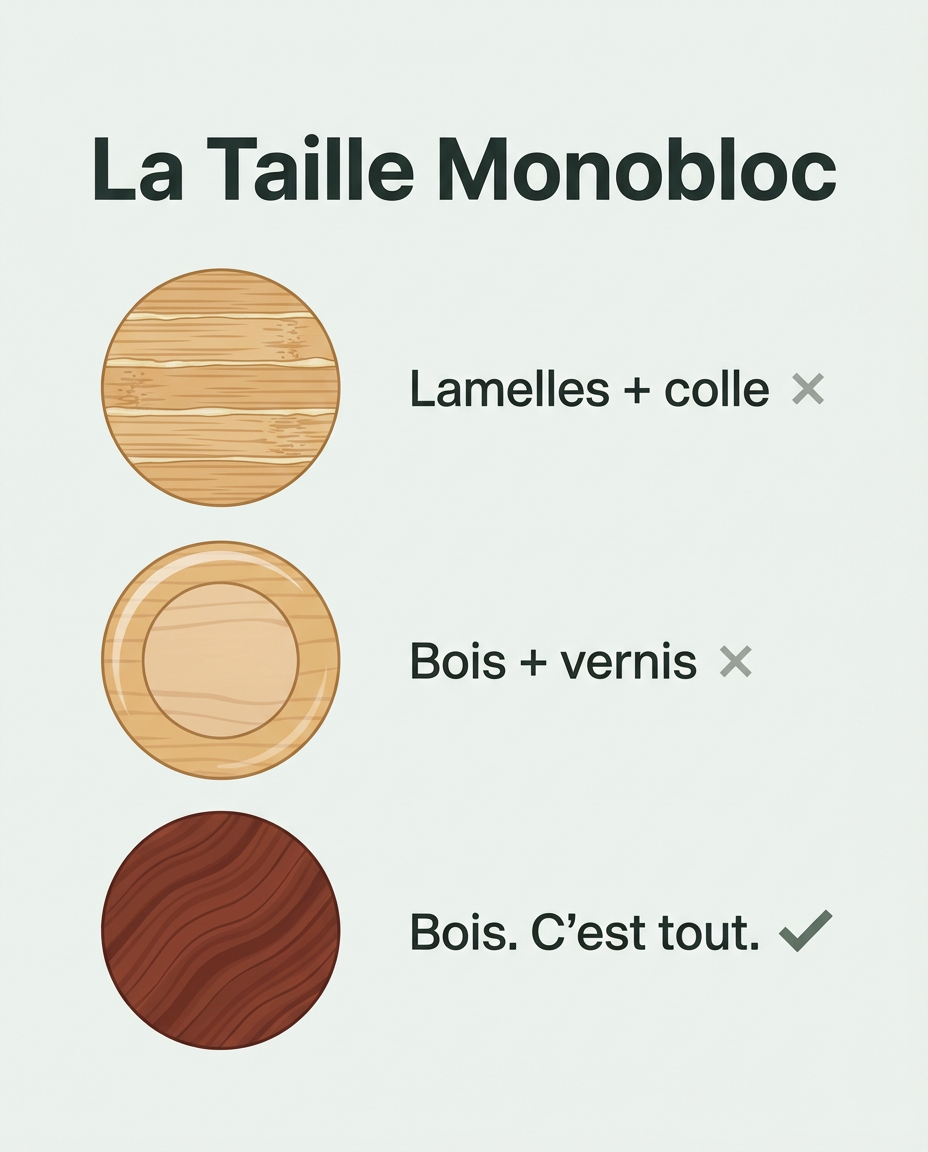 Schéma de la Taille Monobloc : lamelles collées, bois verni, bois massif d'une seule pièce