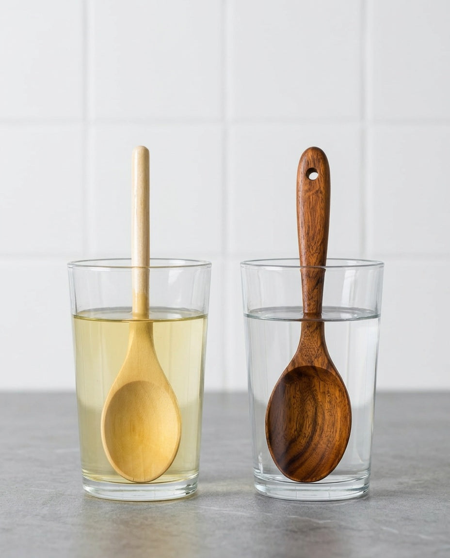 Test du verre d'eau : l'eau reste claire avec la cuillère en acacia sans vernis
